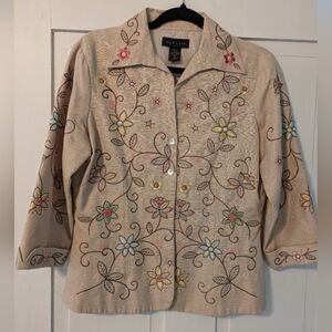 Silk Land Tan 3/4 Sleeve Embroidered Jacket 100% Silk- M